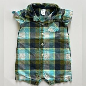 Carter's Blue White Green Navy Plaid 100% Cotton Baby Collared Romper, Size12M